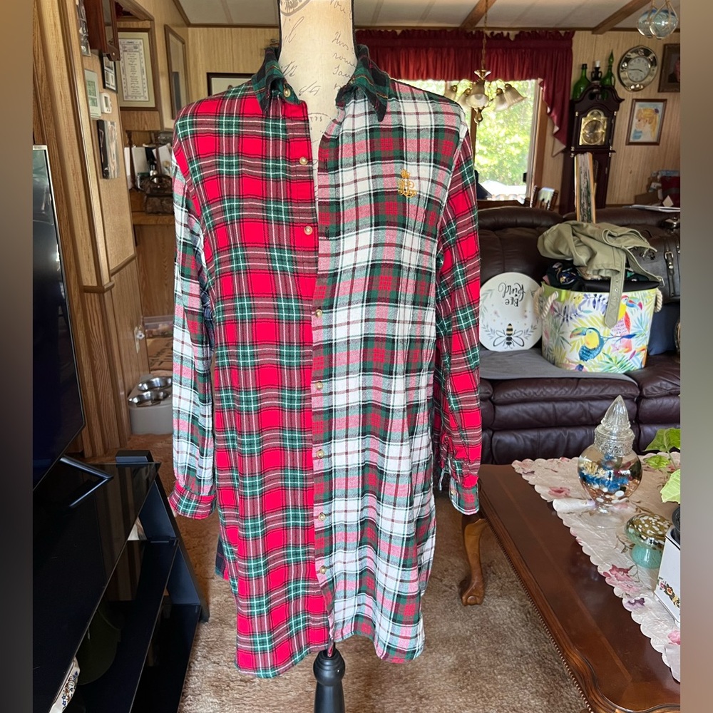 Ralph Lauren LRL Flannel Sleep Shirt Womens Medium Button Up Long Sleeve Plaid.